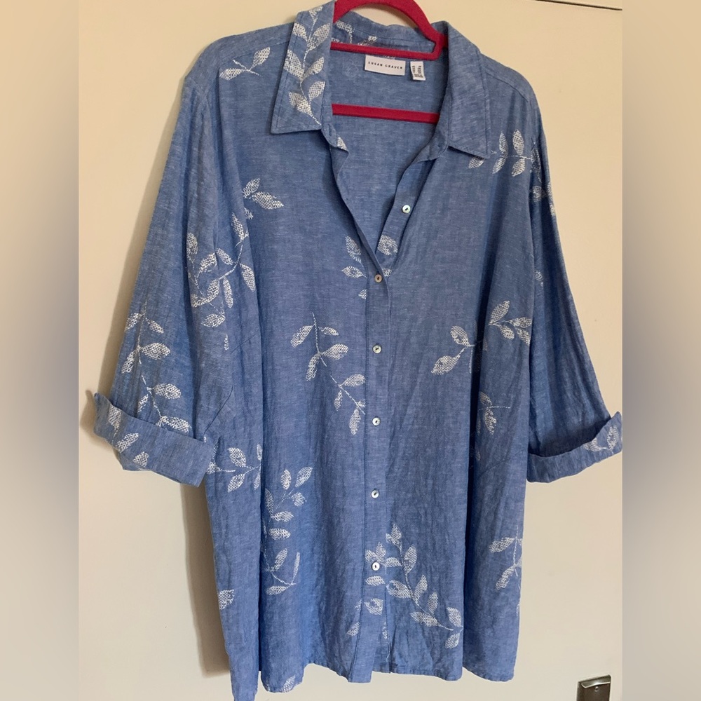Susan Graver Linen Blend Button Down Pockets